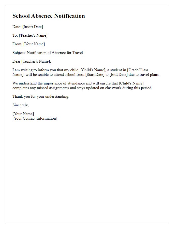 Letter template of school absence notification for travel plans.