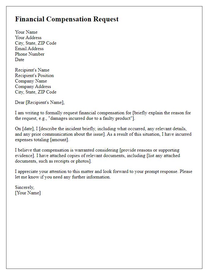 Letter template of financial compensation request