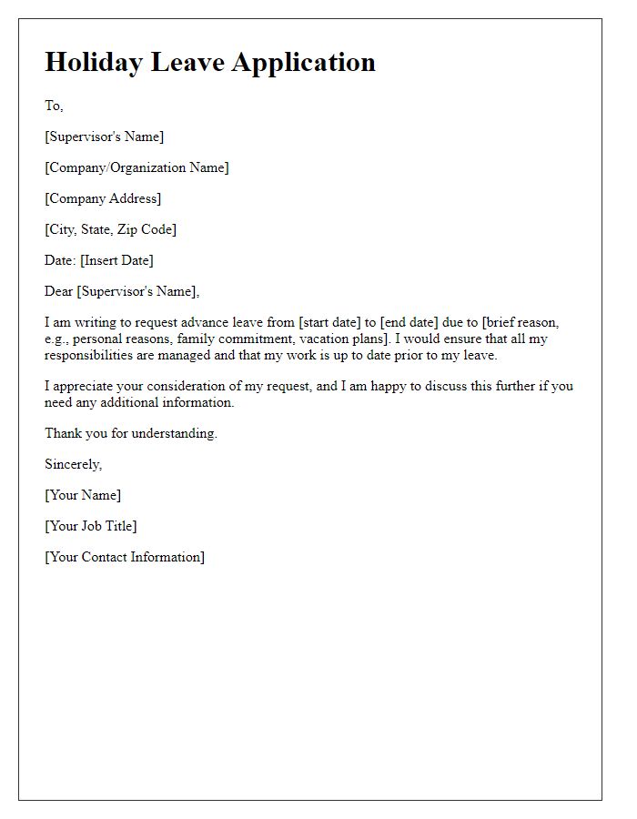 Letter template of advance holiday leave application for supervisors