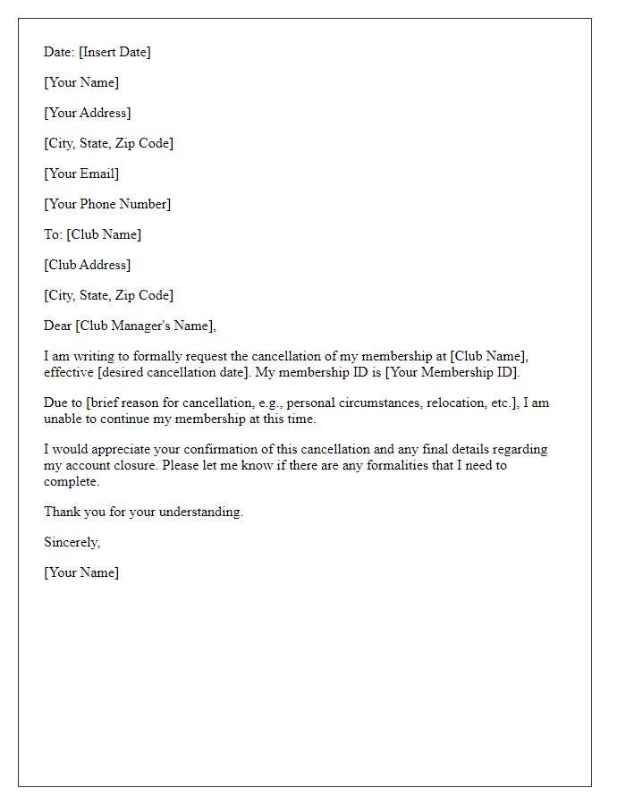 Letter template of club membership cancellation request