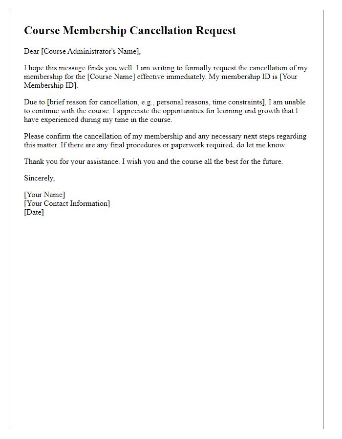 Letter template of educational course membership cancellation request