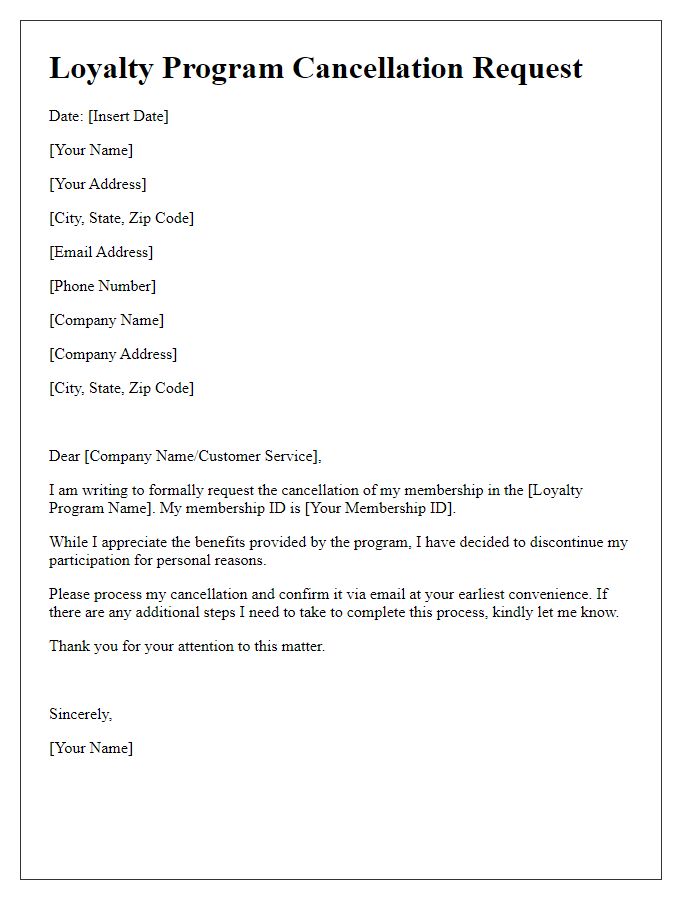 Letter template of loyalty program cancellation request