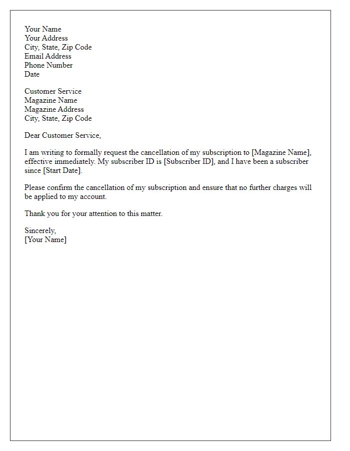 Letter template of magazine subscription cancellation request