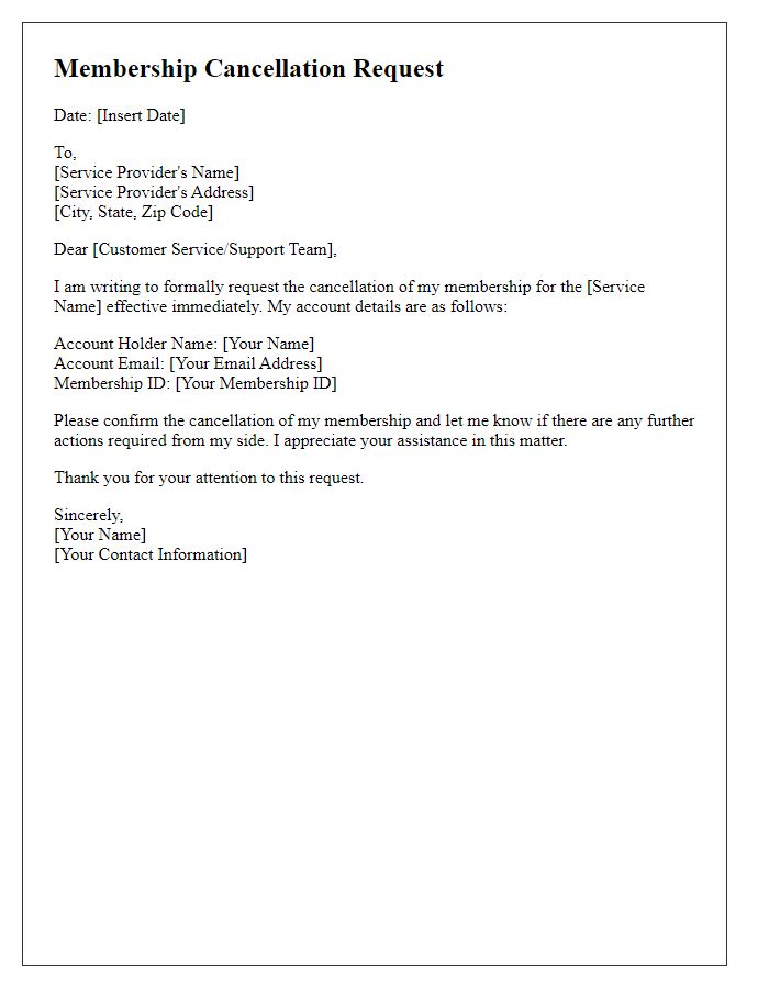 Letter template of online service membership cancellation request