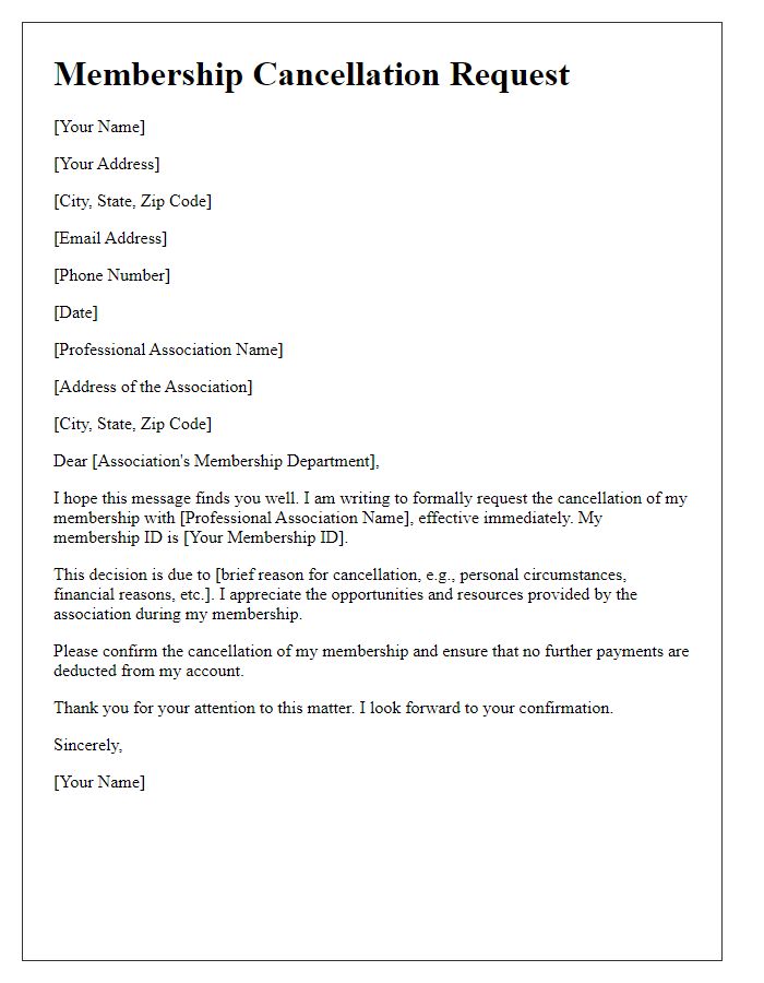 Letter template of professional association membership cancellation request