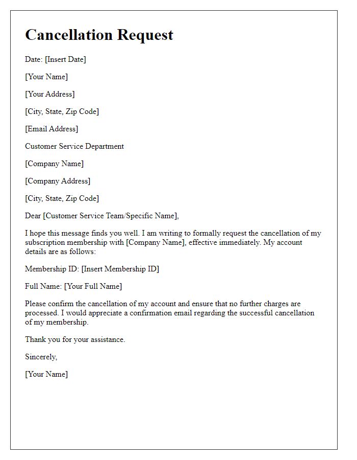 Letter template of subscription membership cancellation request