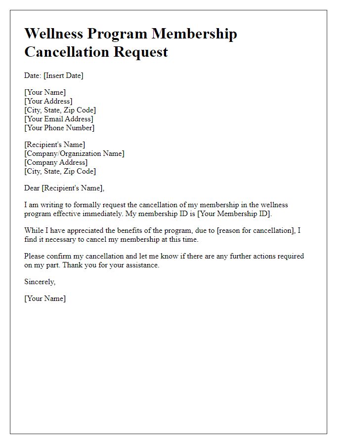 Letter template of wellness program membership cancellation request