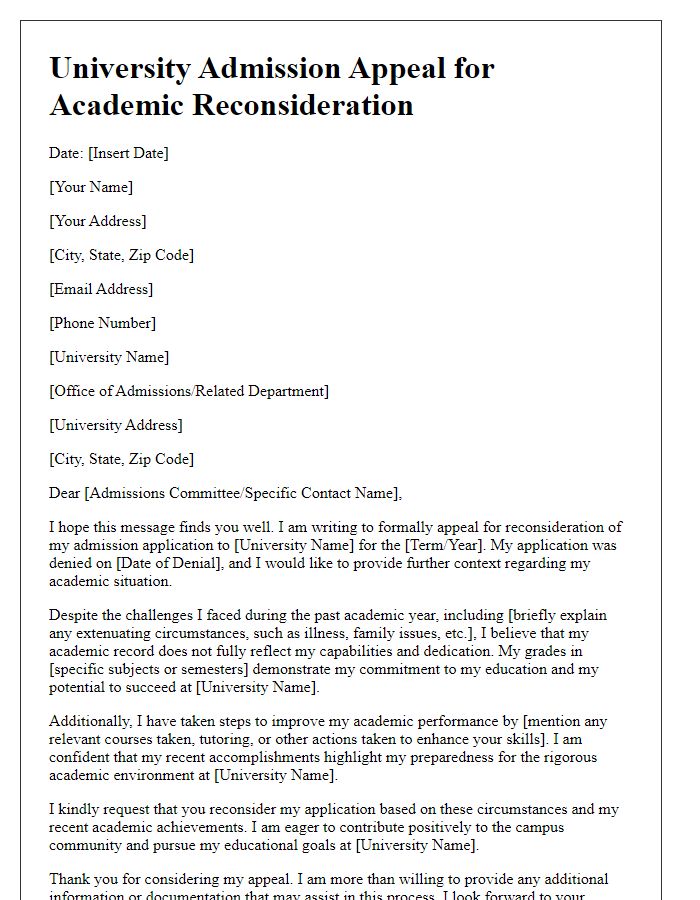 Letter template of university admission appeal for academic reconsideration.