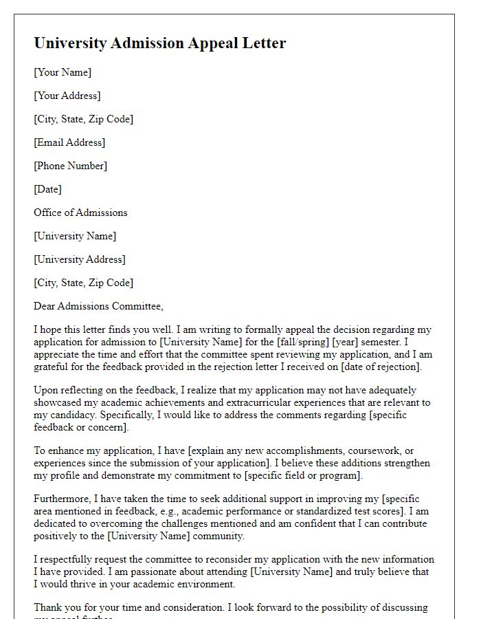 Letter template of university admission appeal addressing feedback from rejection.