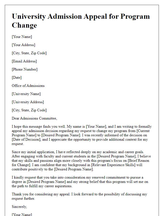 Letter template of university admission appeal for program change request.