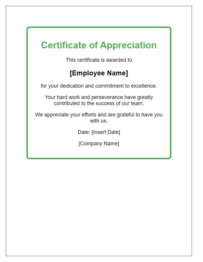 Letter template of employee appreciation certificate for dedication and commitment