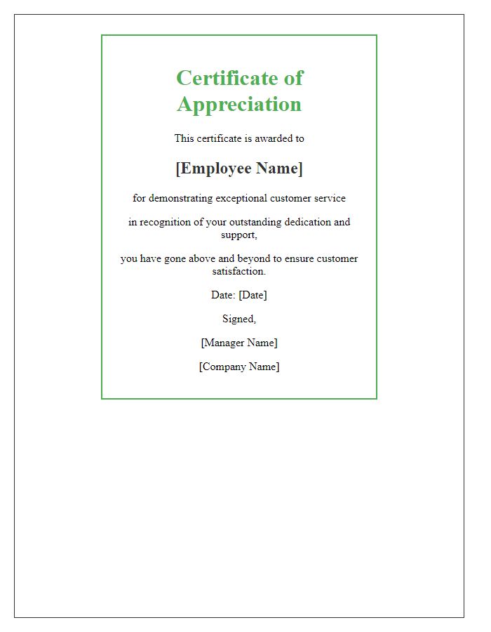 Letter template of employee appreciation certificate for exceptional customer service