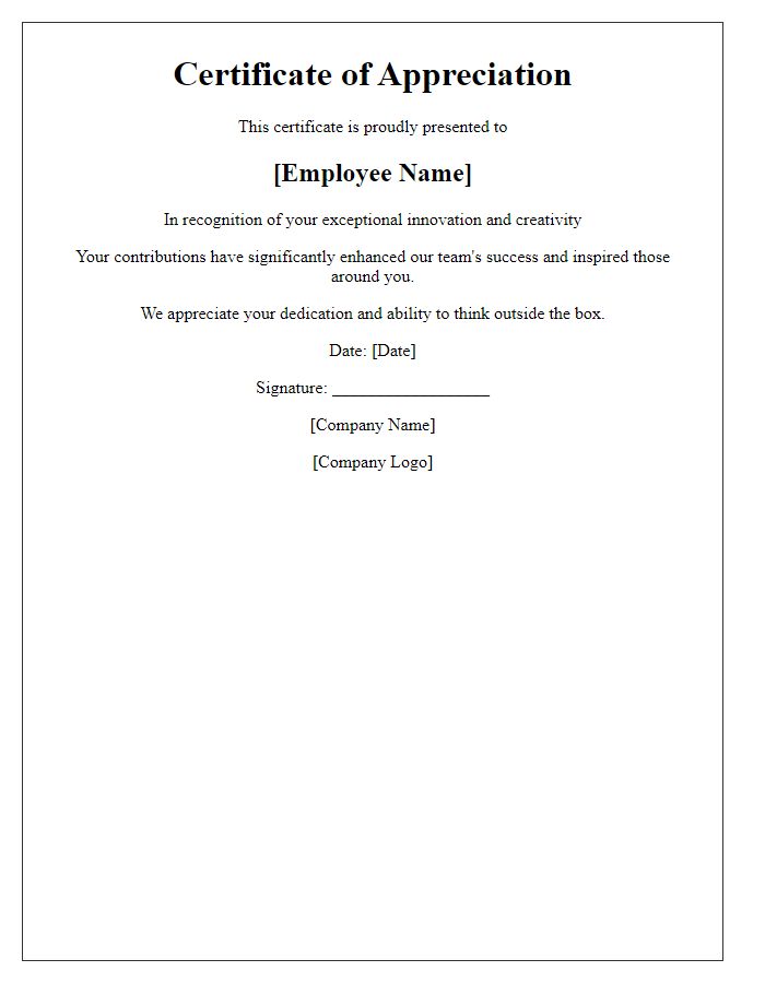 Letter template of employee appreciation certificate for innovation and creativity