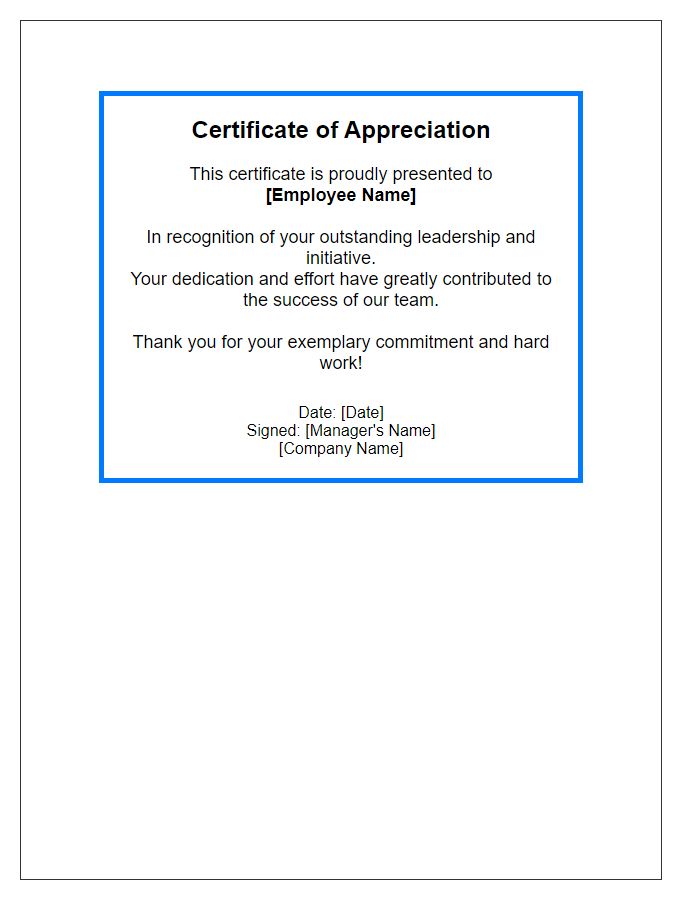 Letter template of employee appreciation certificate for leadership and initiative