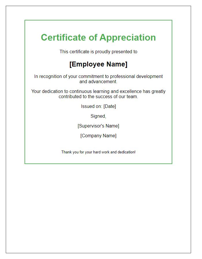 Letter template of employee appreciation certificate for professional development advancement