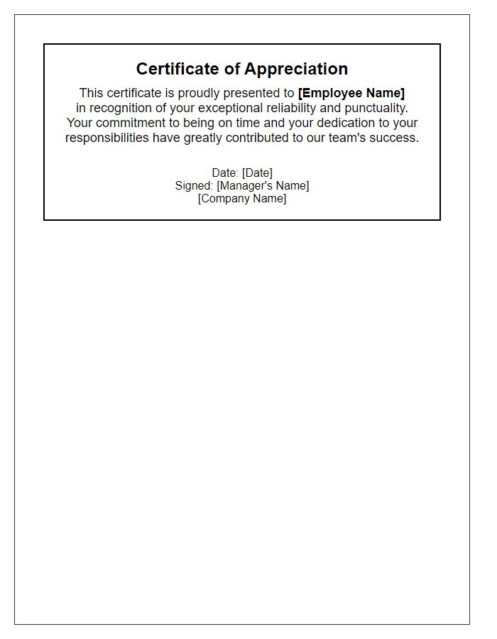 Letter template of employee appreciation certificate for reliability and punctuality