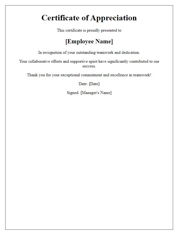 Letter template of employee appreciation certificate for teamwork excellence