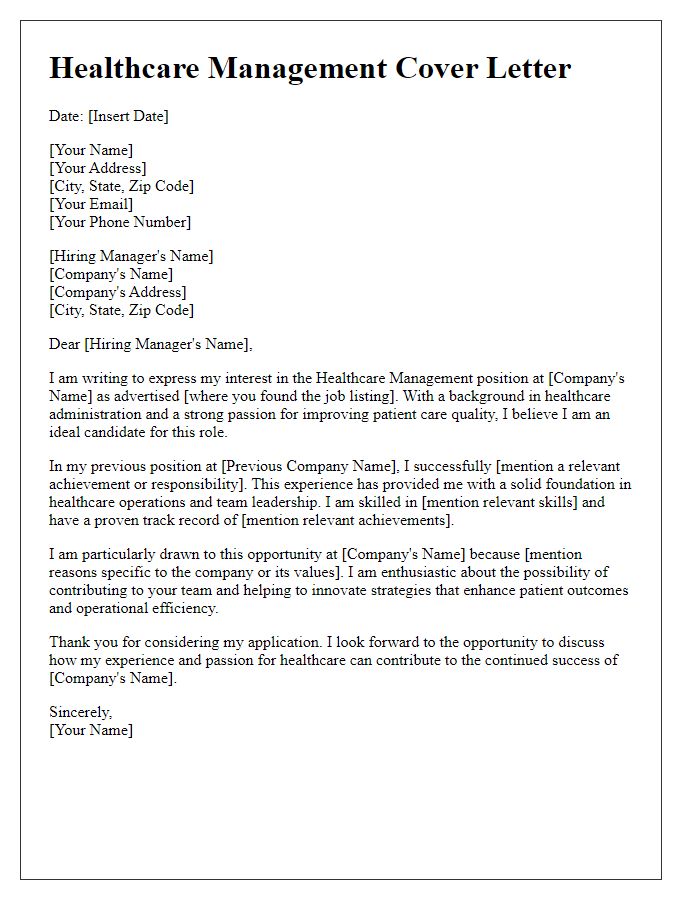 Letter template of healthcare management cover letter