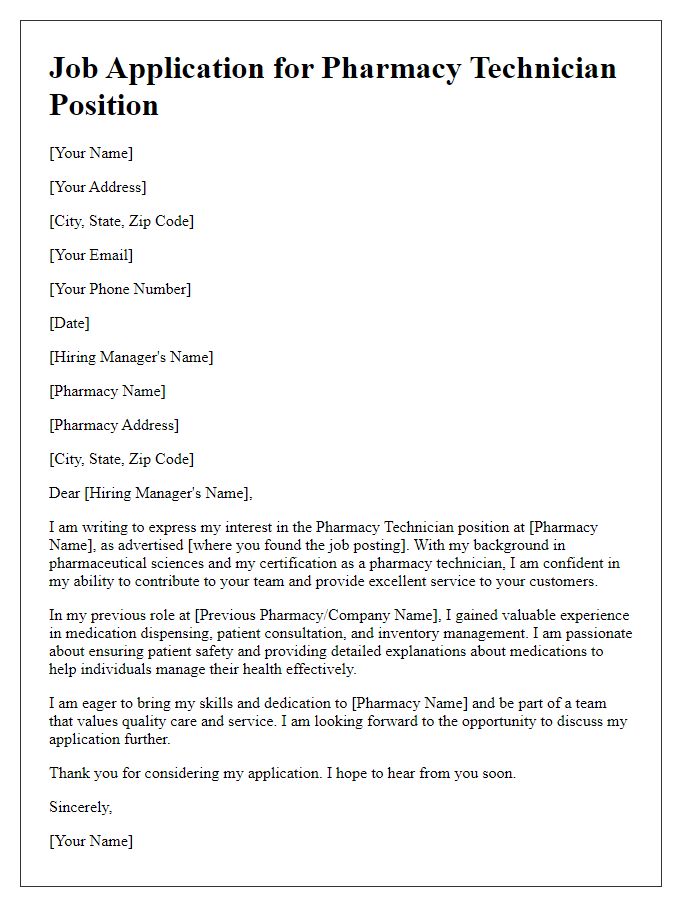 Letter template of pharmacy technician job application letter