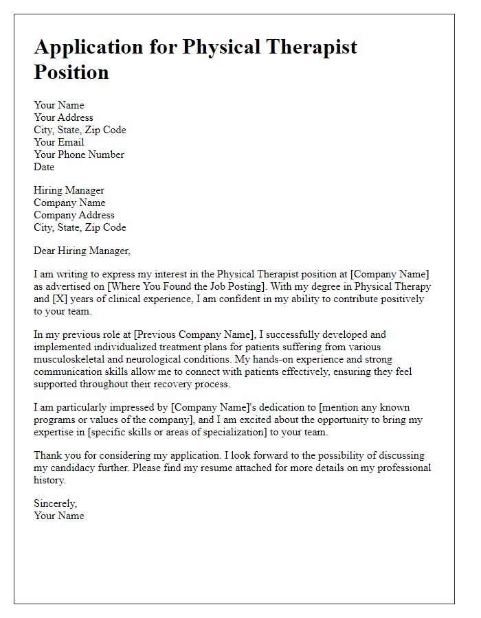 Letter template of physical therapist position application letter