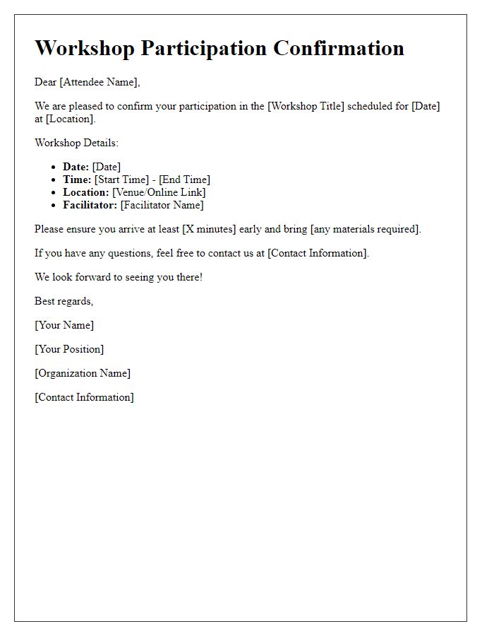 Letter template of workshop participation confirmation for attendees