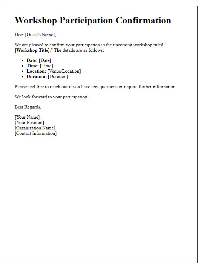 Letter template of workshop participation confirmation for guests