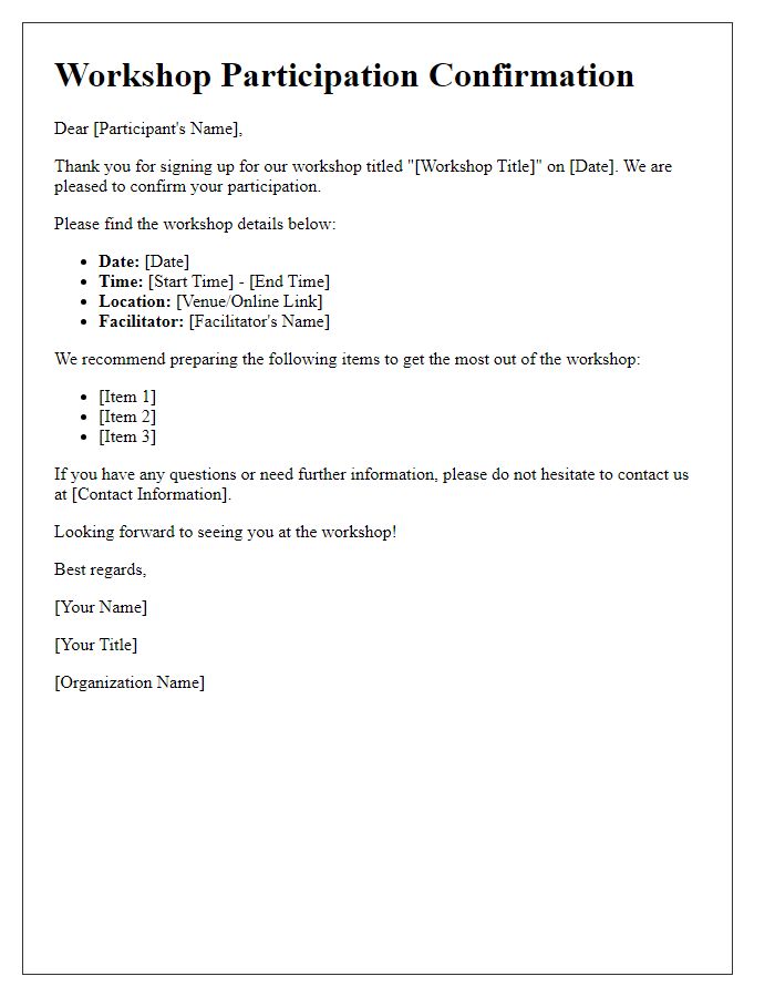 Letter template of workshop participation confirmation for last-minute sign-ups