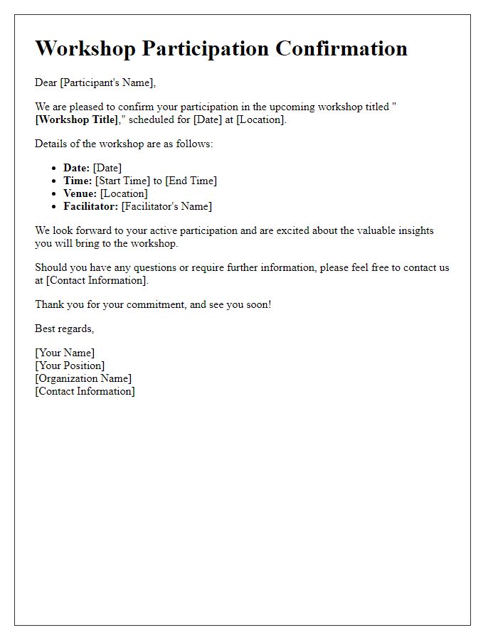 Letter template of workshop participation confirmation for organizers