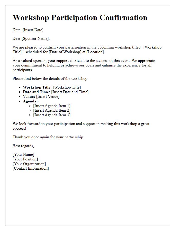 Letter template of workshop participation confirmation for sponsors