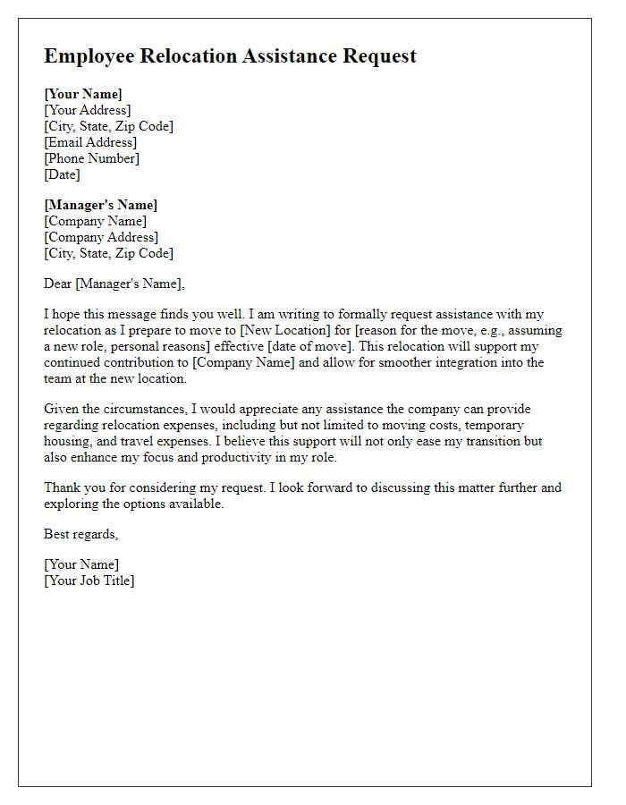 Letter template of employee relocation assistance request