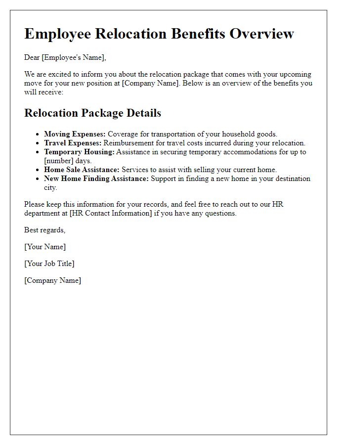 Letter template of employee relocation benefits overview