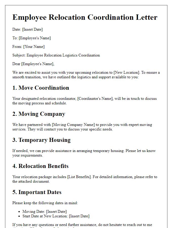 Letter template of employee relocation logistics coordination