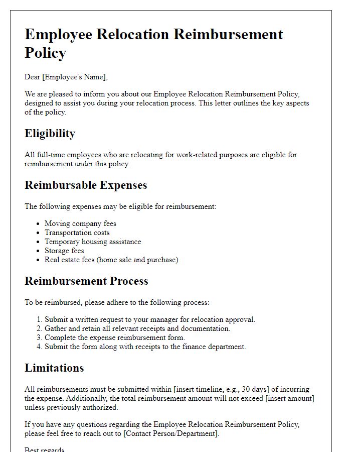 Letter template of employee relocation reimbursement policy