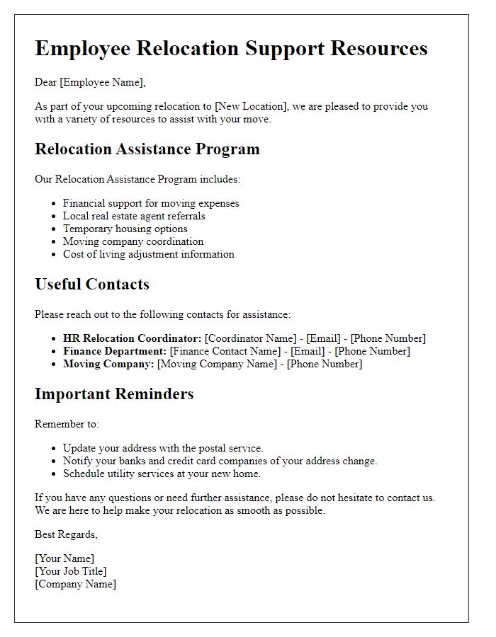 Letter template of employee relocation support resources