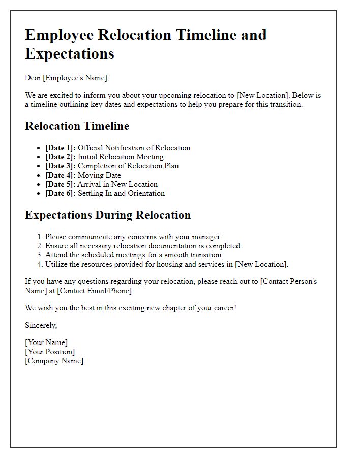 Letter template of employee relocation timelines and expectations