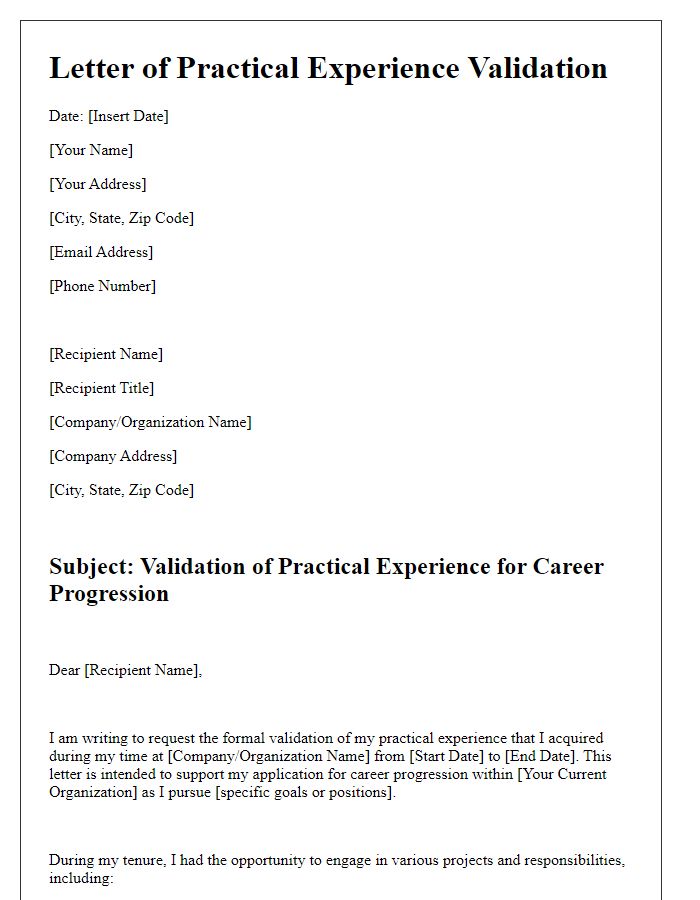 Letter template of practical experience validation for career progression