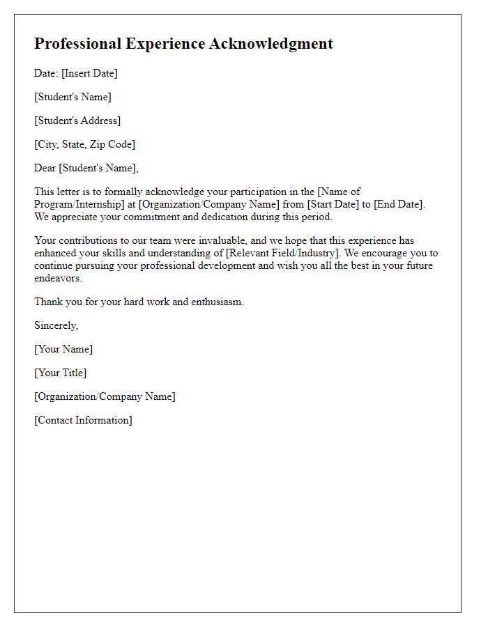 Letter template of professional experience acknowledgment for students