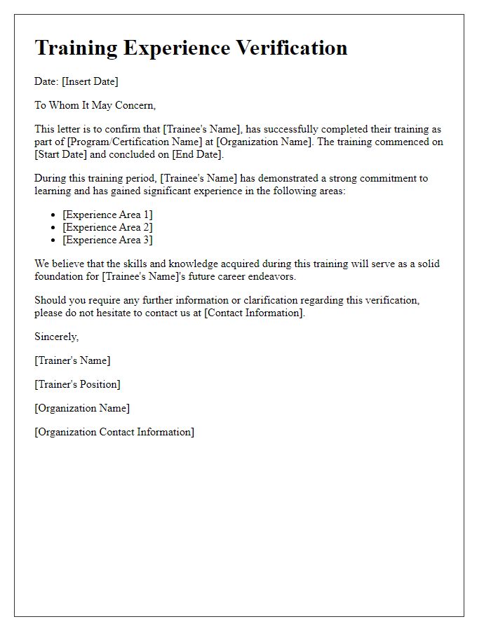 Letter template of training experience verification for certification