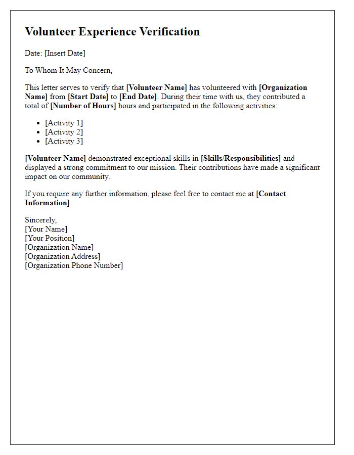 Letter template of volunteer experience verification for resume