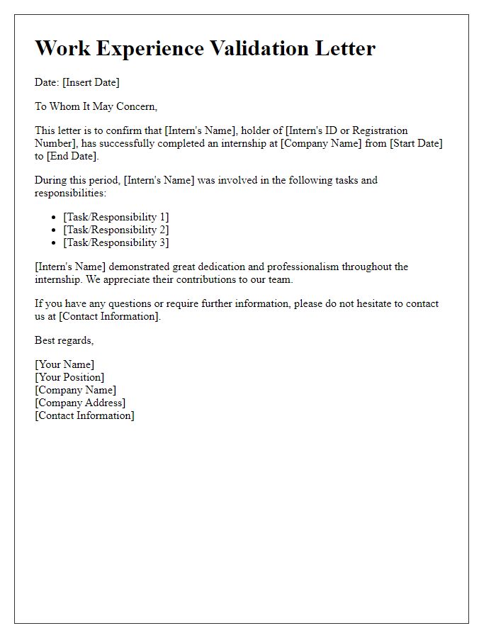 Letter template of work experience validation for internship