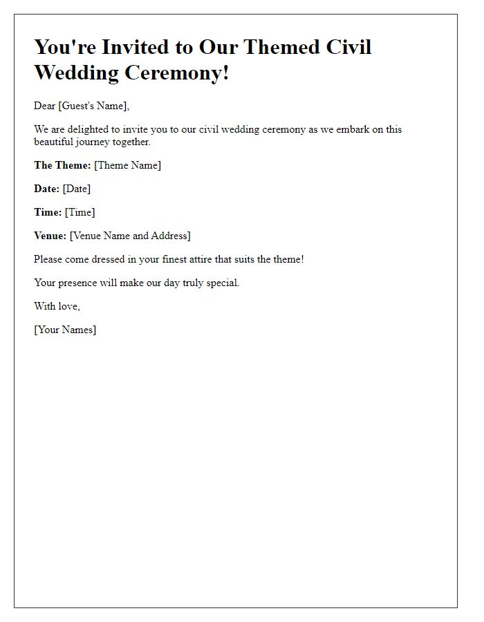 Letter template of civil wedding ceremony invitation for a themed wedding