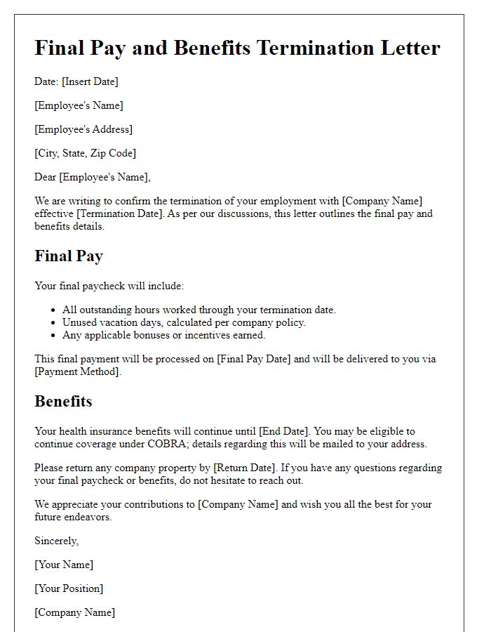 Letter template of Final Pay and Benefits Termination