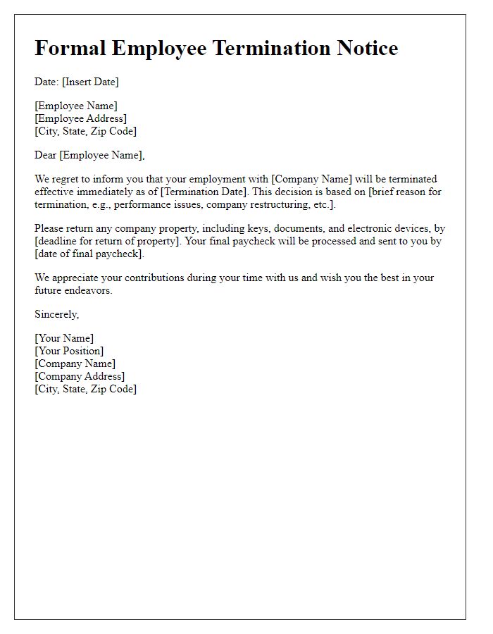 Letter template of Formal Employee Termination Notice