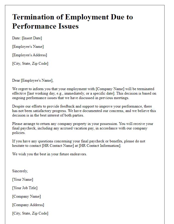 Letter template of Termination Due to Performance Issues