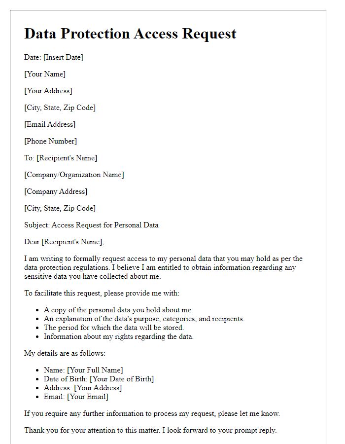 Letter template of data protection access request for sensitive data.