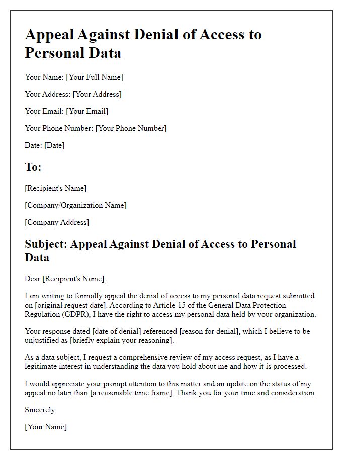 Letter template of data protection appeal for denied access.