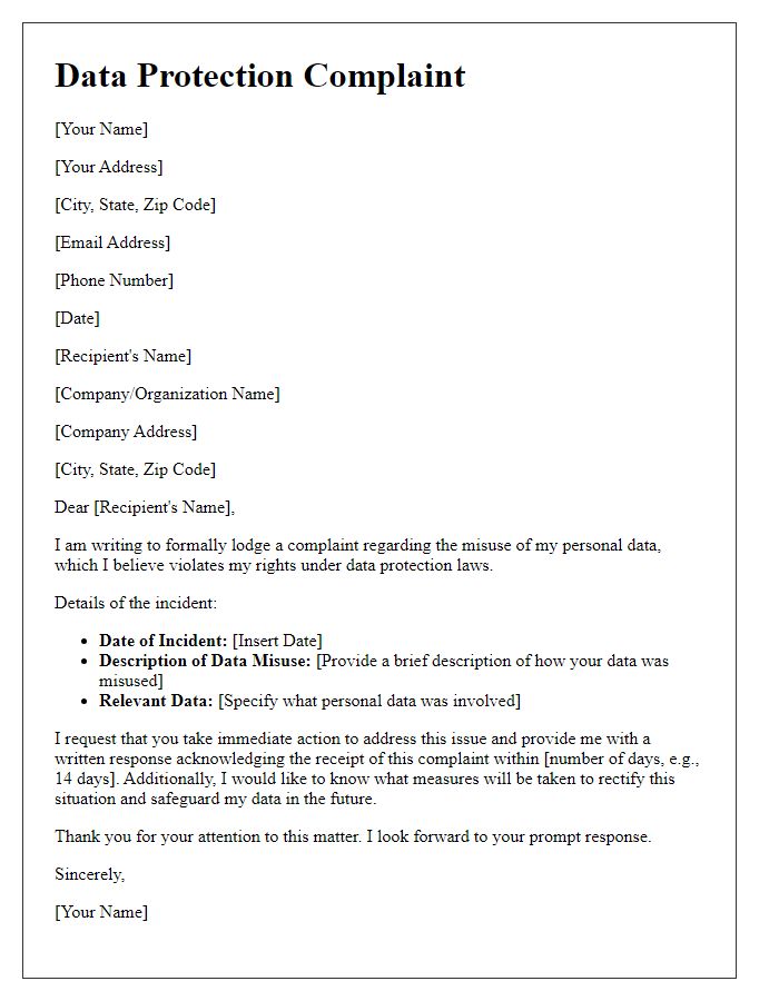 Letter template of data protection complaint regarding data misuse.