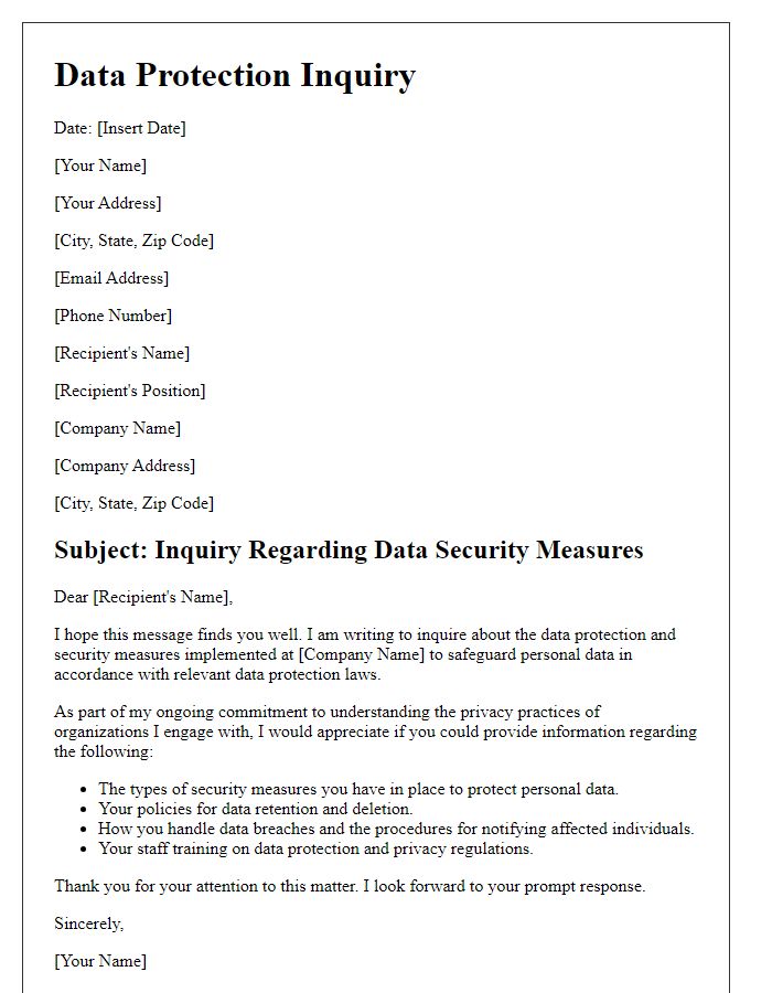 Letter template of data protection inquiry concerning data security measures.