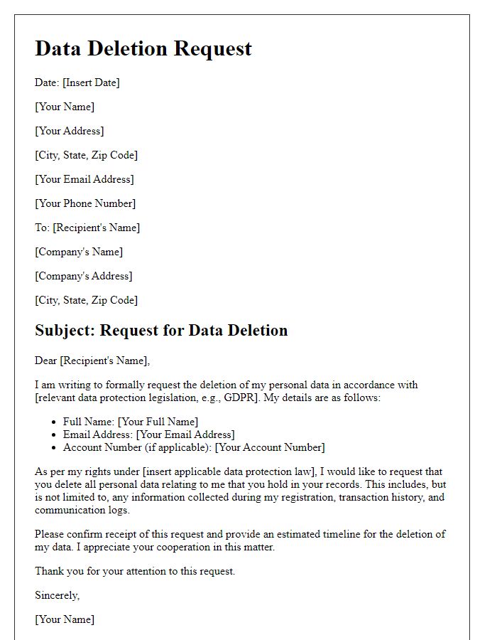 Letter template of data protection inquiry for data deletion.