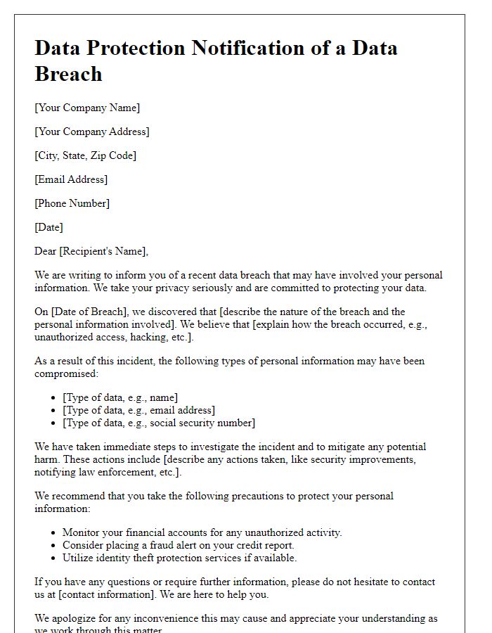 Letter template of data protection notification of a data breach.